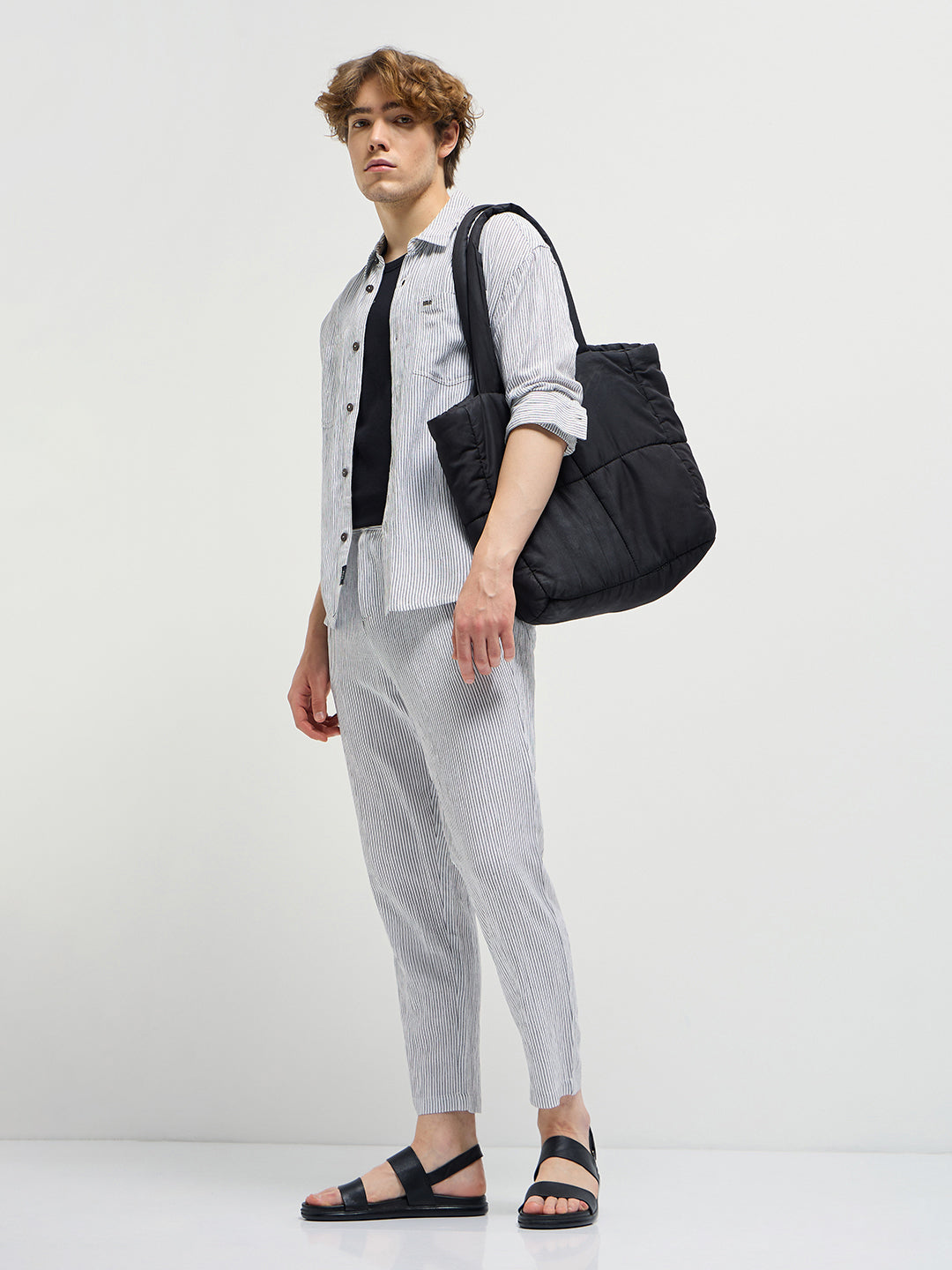Men White Striped Slim Fit Casual Trousers