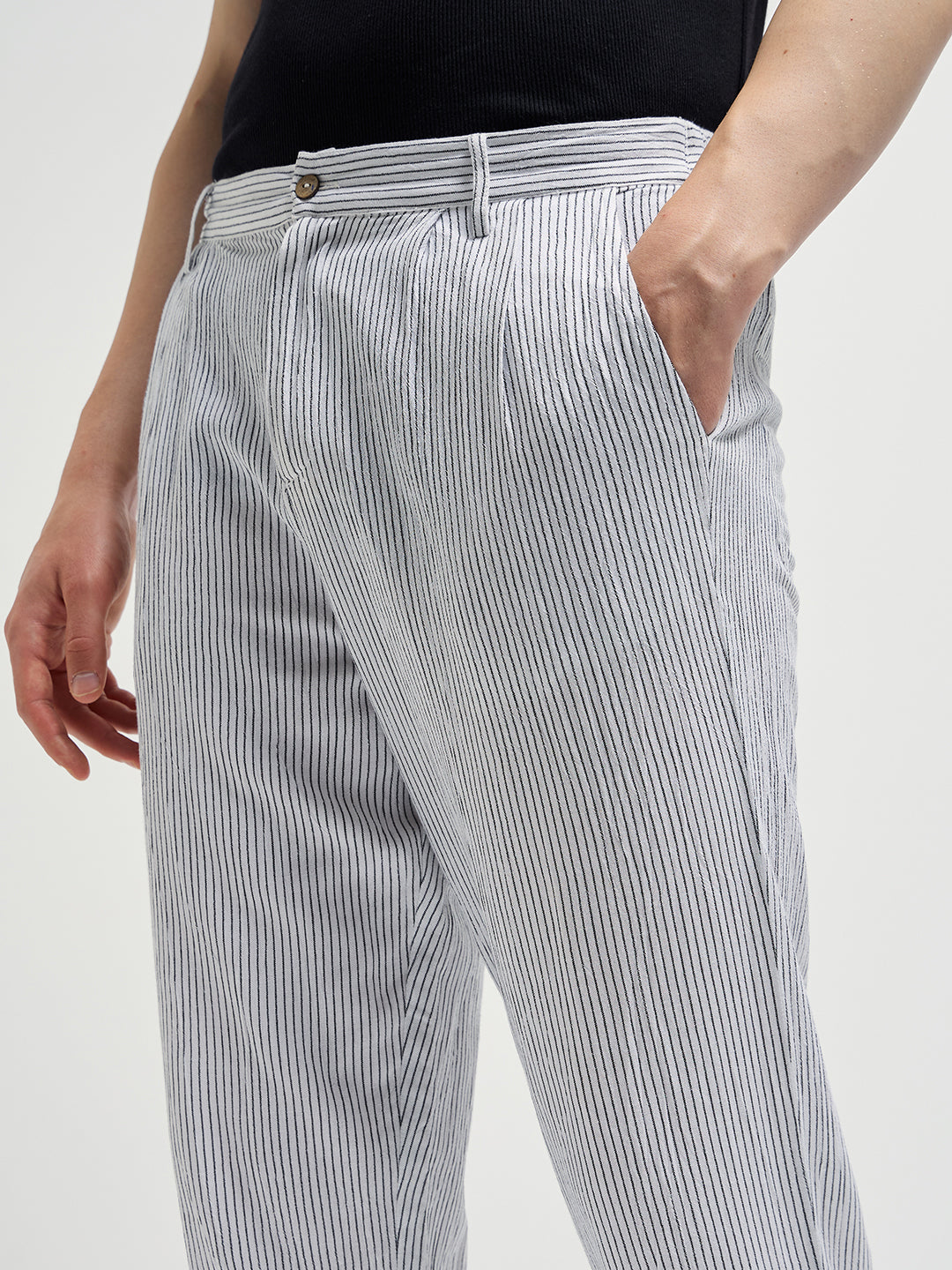 Men White Striped Slim Fit Casual Trousers