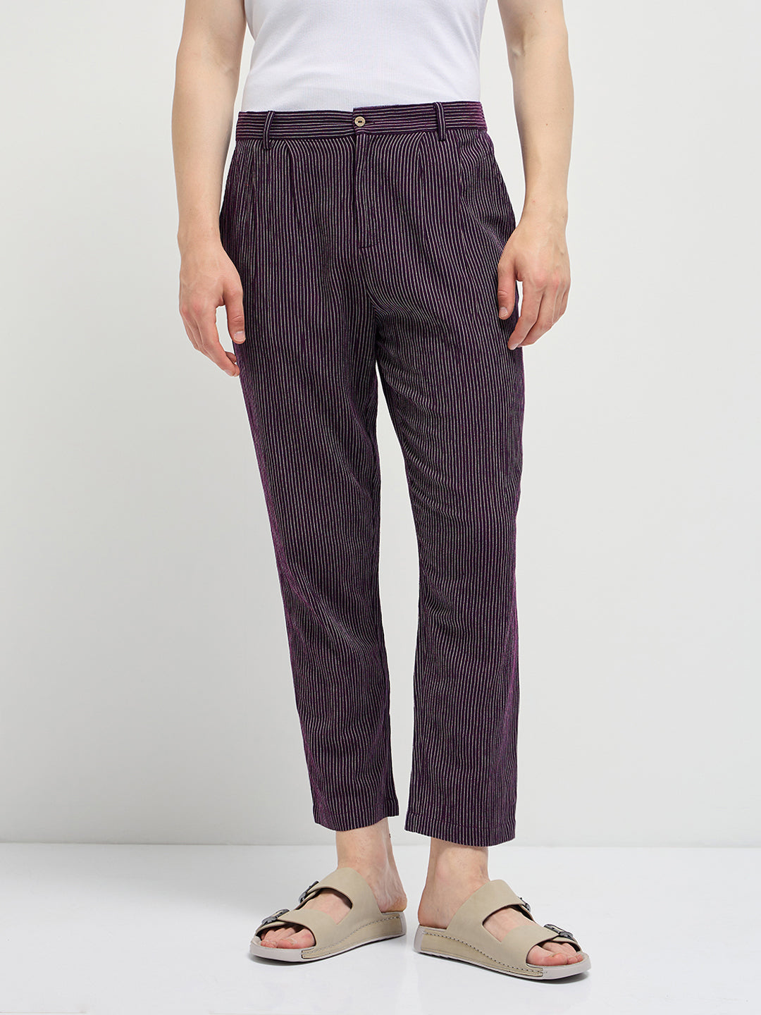 Men Purple Striped Slim Fit Casual Trousers