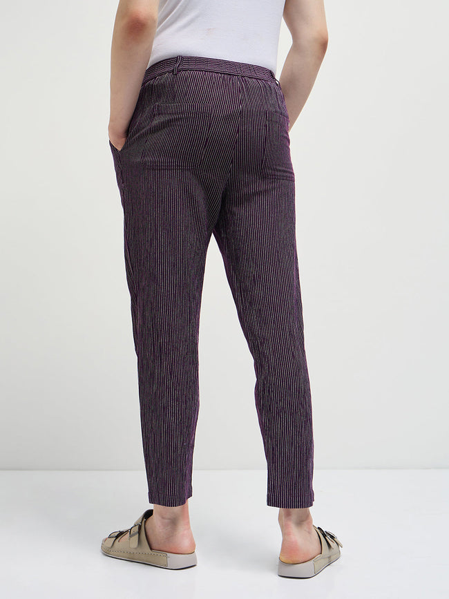 Men Purple Striped Slim Fit Casual Trousers