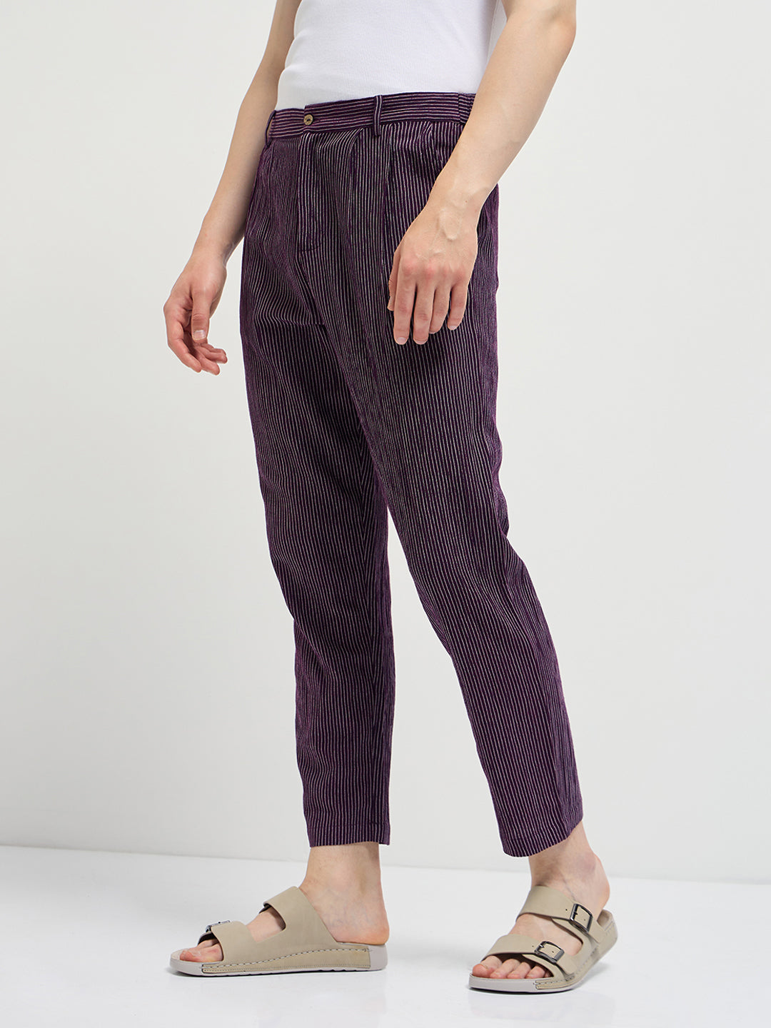 Men Purple Striped Slim Fit Casual Trousers