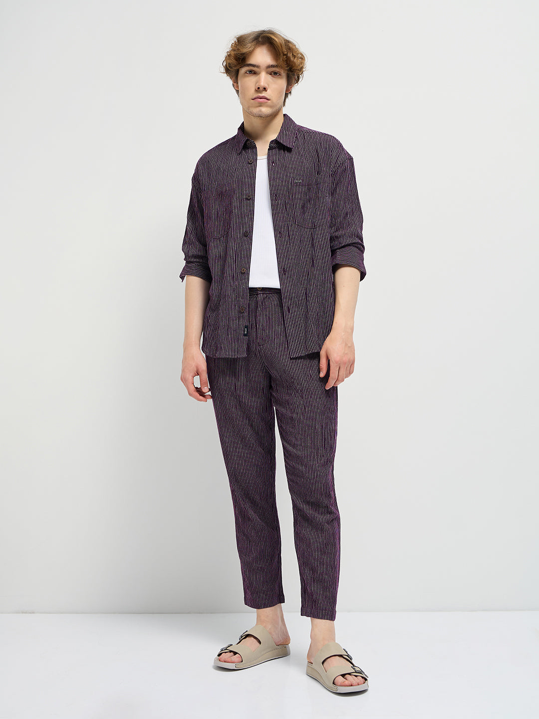 Men Purple Striped Slim Fit Casual Trousers