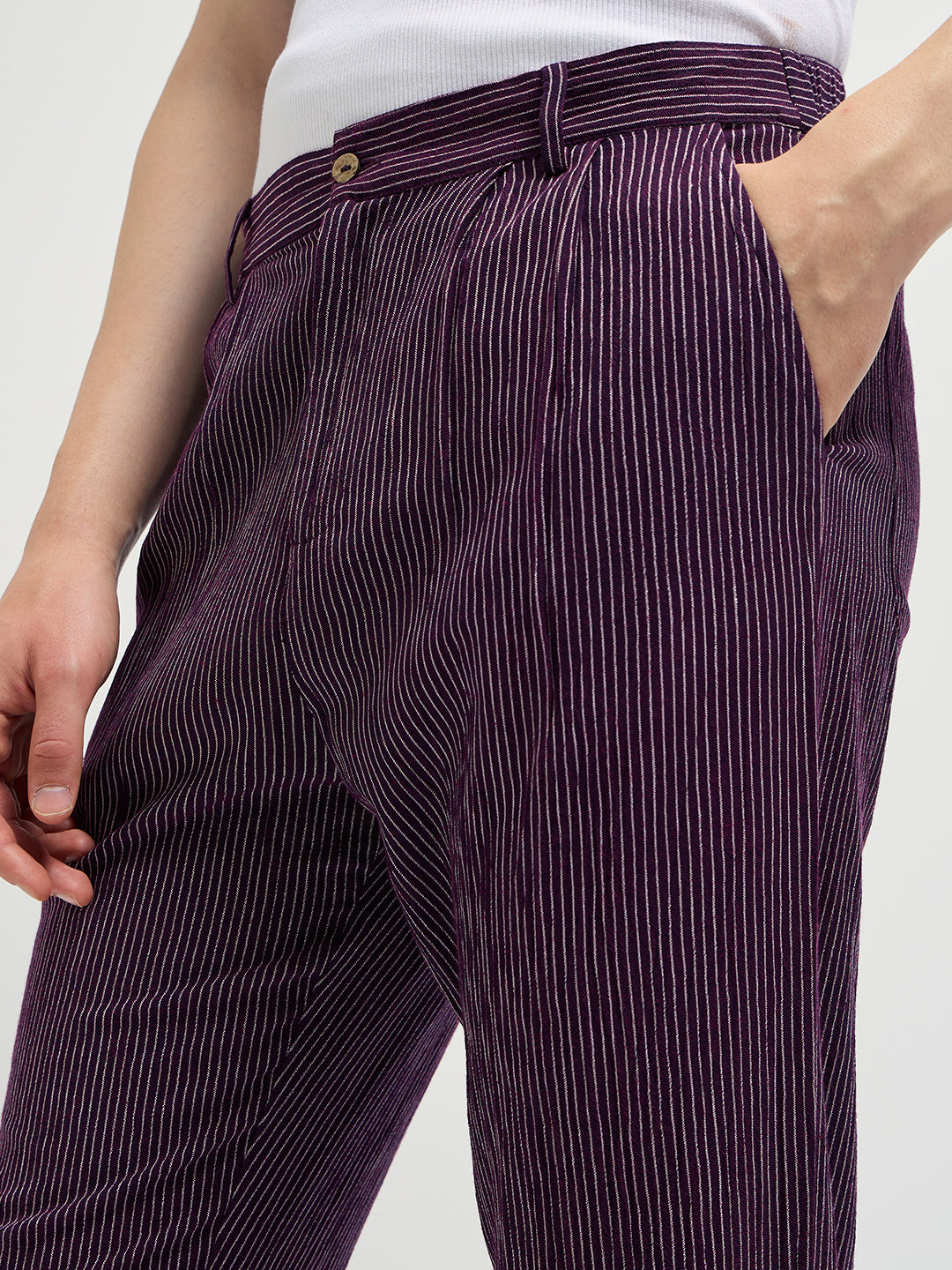 Men Purple Striped Slim Fit Casual Trousers