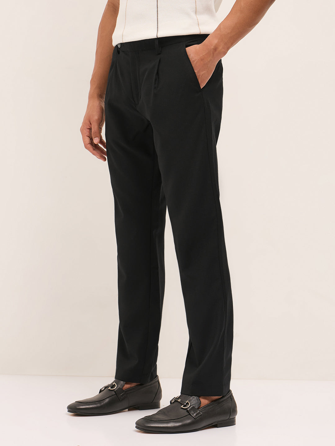 Men Grey Woven Design Slim Fit Formal Trouser