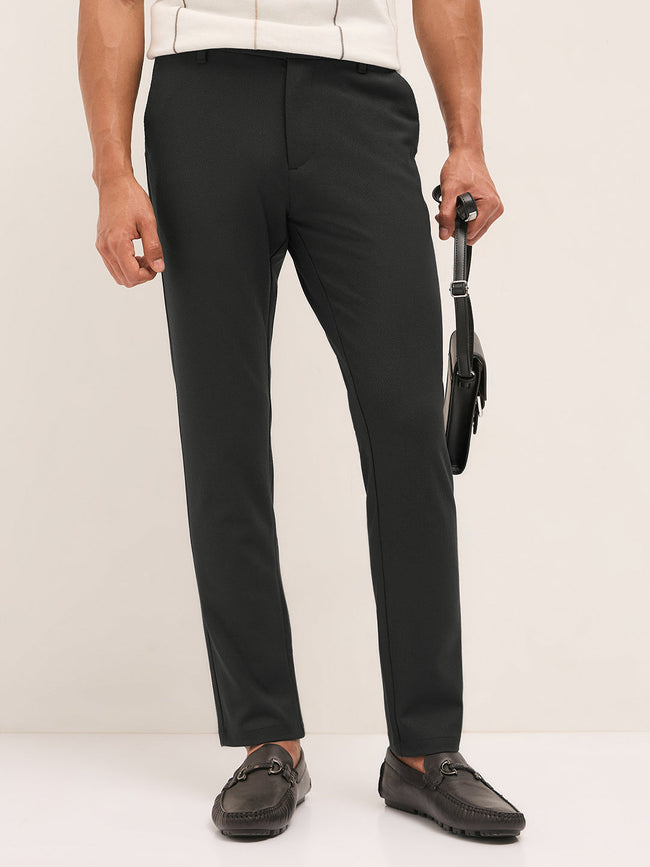 Men Grey Textured Polyester Blend Slim Fit Formal Trousers