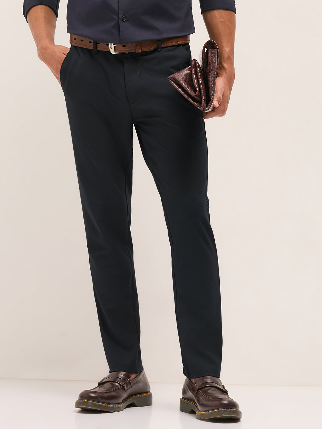 Men Navy Blue Solid Polyester Blend Slim Fit Formal Trousers