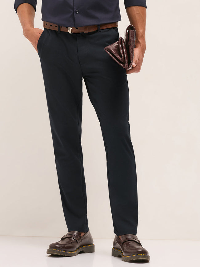 Men Navy Blue Solid Polyester Blend Slim Fit Formal Trousers