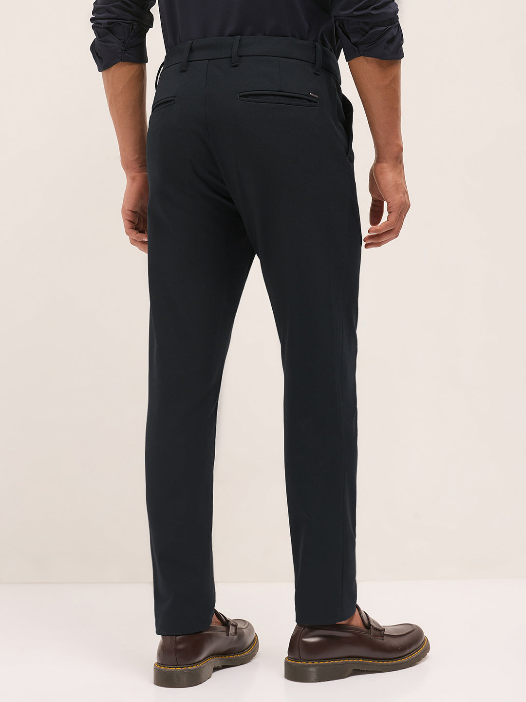 Men Navy Blue Solid Polyester Blend Slim Fit Formal Trousers