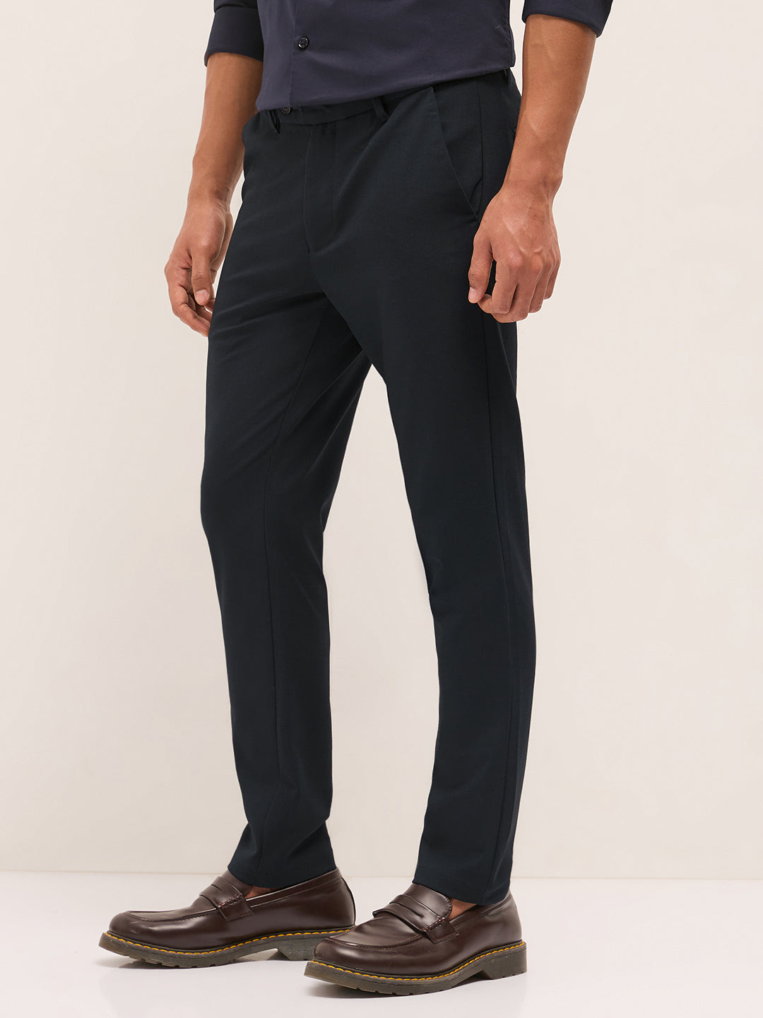 Men Navy Blue Solid Polyester Blend Slim Fit Formal Trousers
