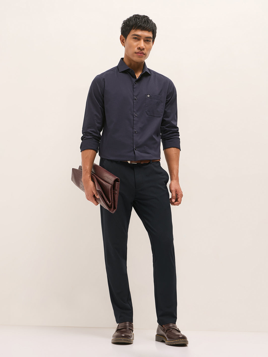 Men Navy Blue Solid Polyester Blend Slim Fit Formal Trousers