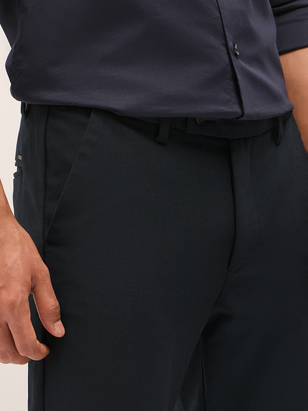 Men Navy Blue Solid Polyester Blend Slim Fit Formal Trousers