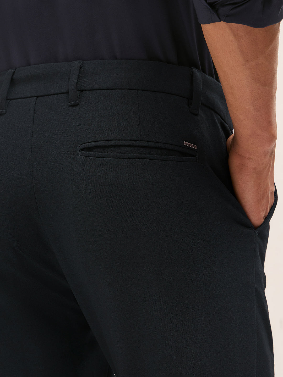 Men Navy Blue Solid Polyester Blend Slim Fit Formal Trousers