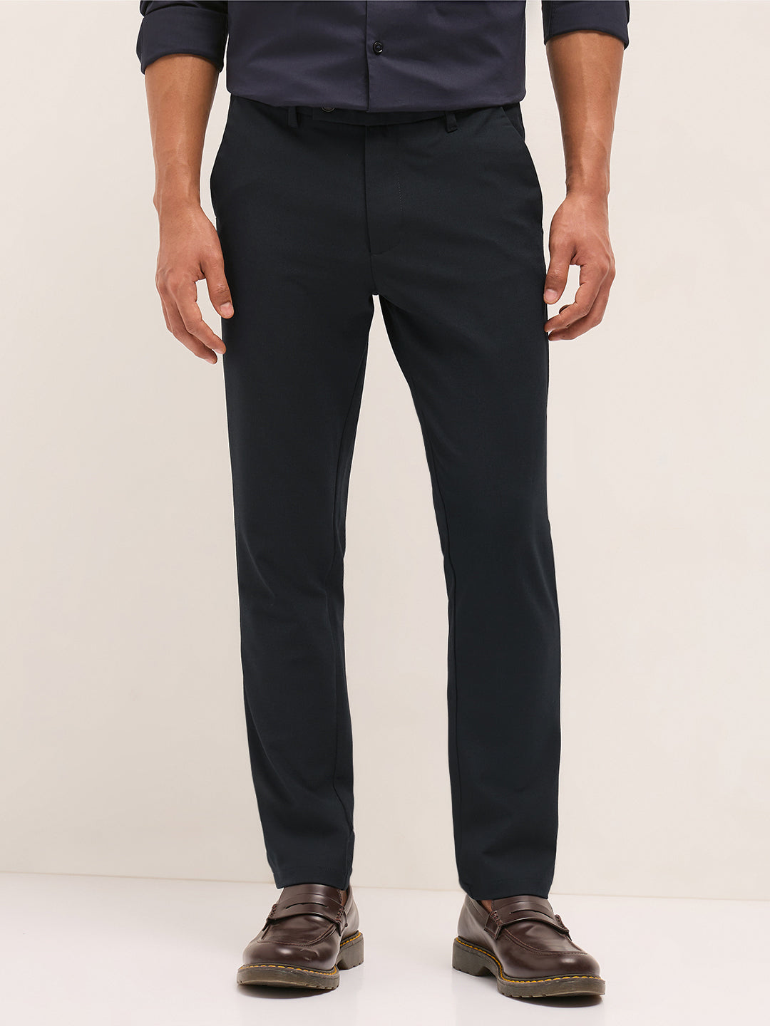 Men Navy Blue Solid Polyester Blend Slim Fit Formal Trousers