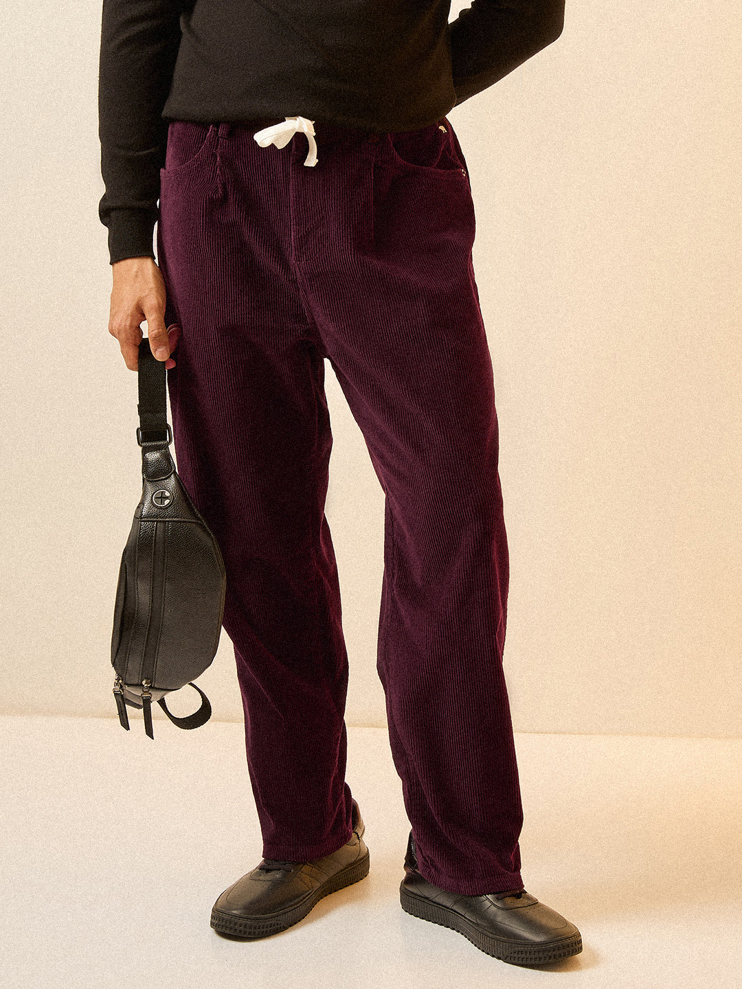 Men Maroon Solid Corduroy Cotton Pant