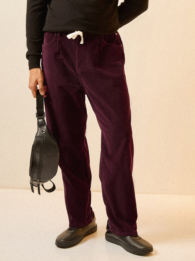 Men Maroon Solid Corduroy Cotton Pant