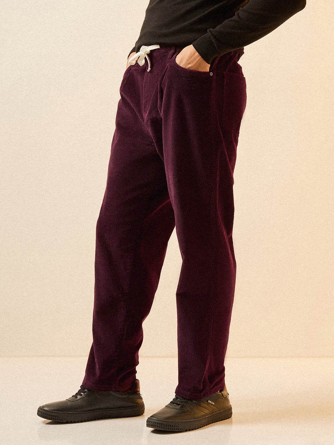 Men Maroon Solid Corduroy Cotton Pant