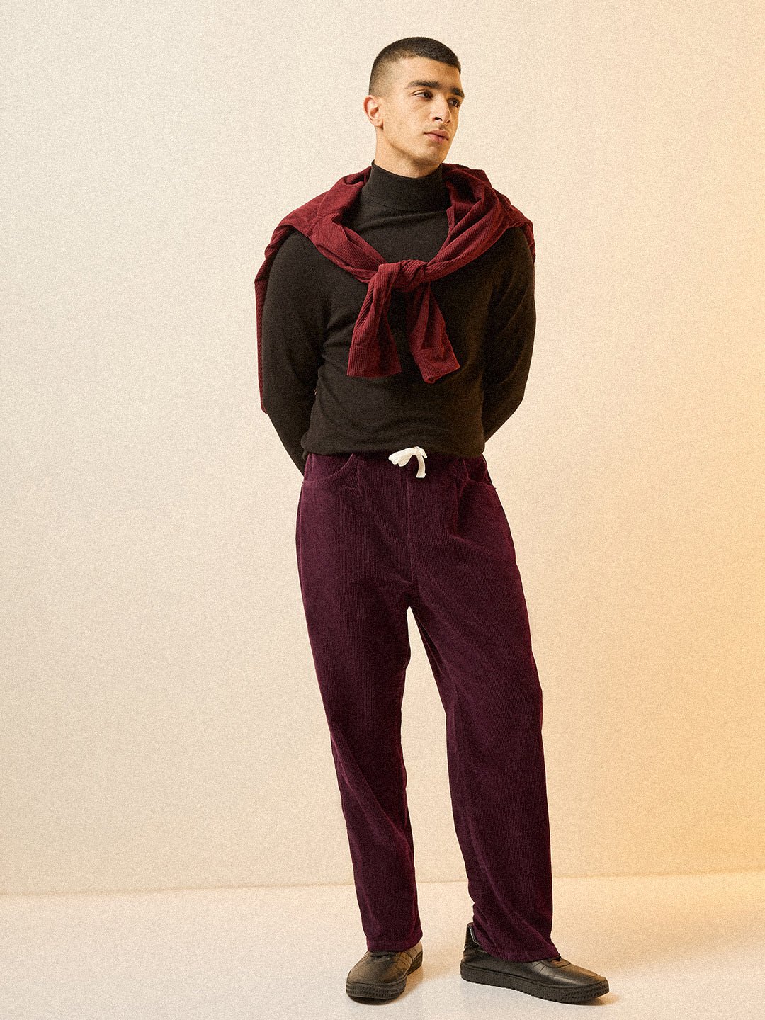 Men Maroon Solid Corduroy Cotton Pant