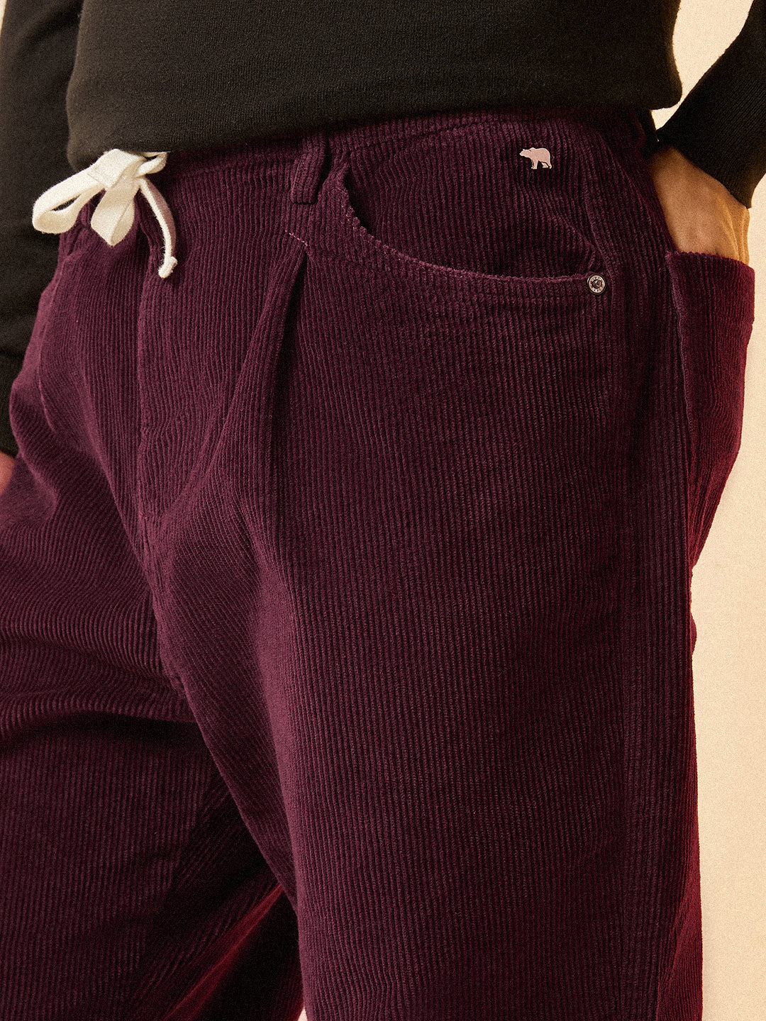 Men Maroon Solid Corduroy Cotton Pant