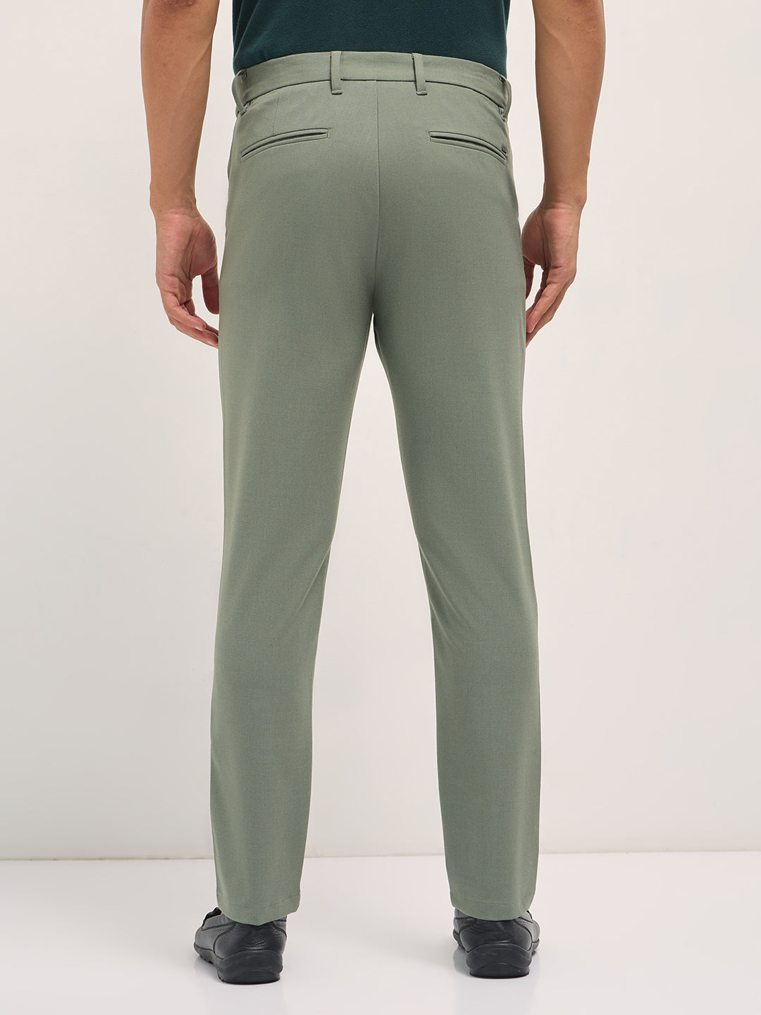 Men Green Solid Polyester Blend Slim Fit Formal Trousers