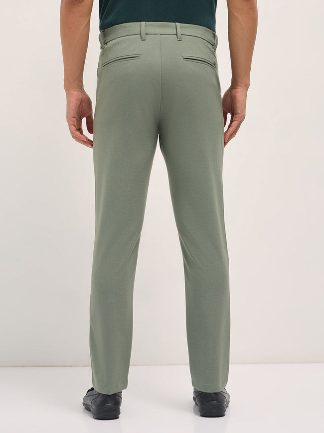 Men Green Solid Polyester Blend Slim Fit Formal Trousers