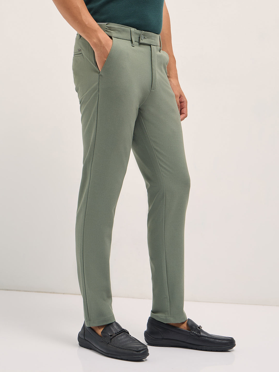 Men Green Solid Polyester Blend Slim Fit Formal Trousers