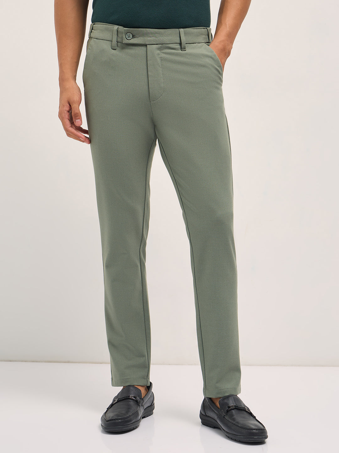 Men Green Solid Polyester Blend Slim Fit Formal Trousers