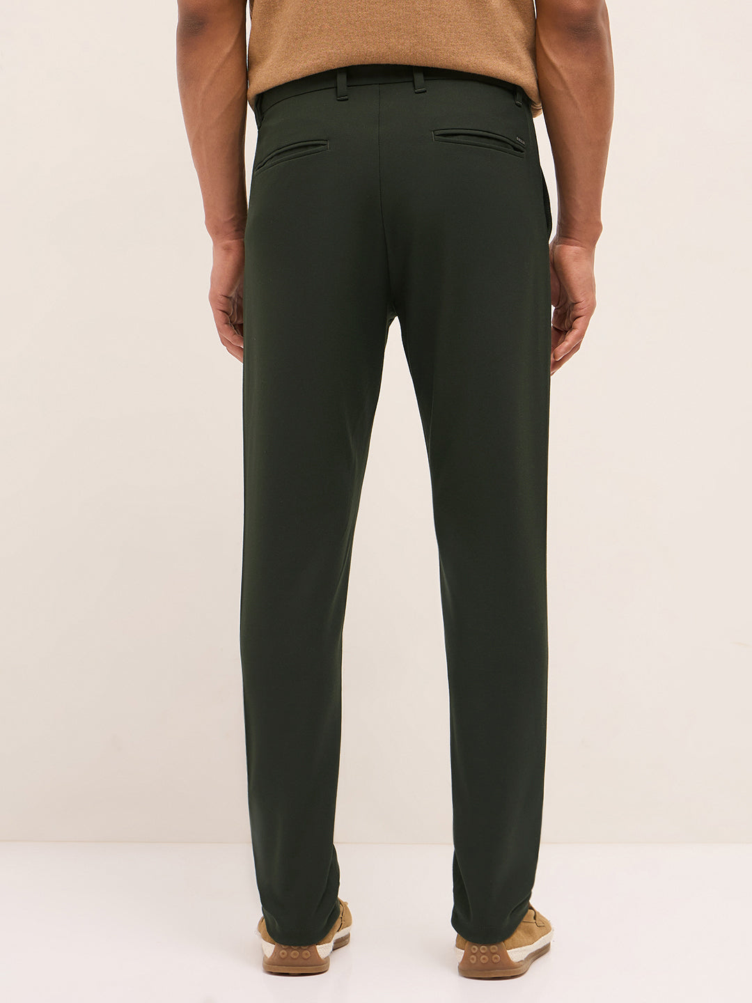Men Olive Solid Polyester Blend Slim Fit Formal Trousers