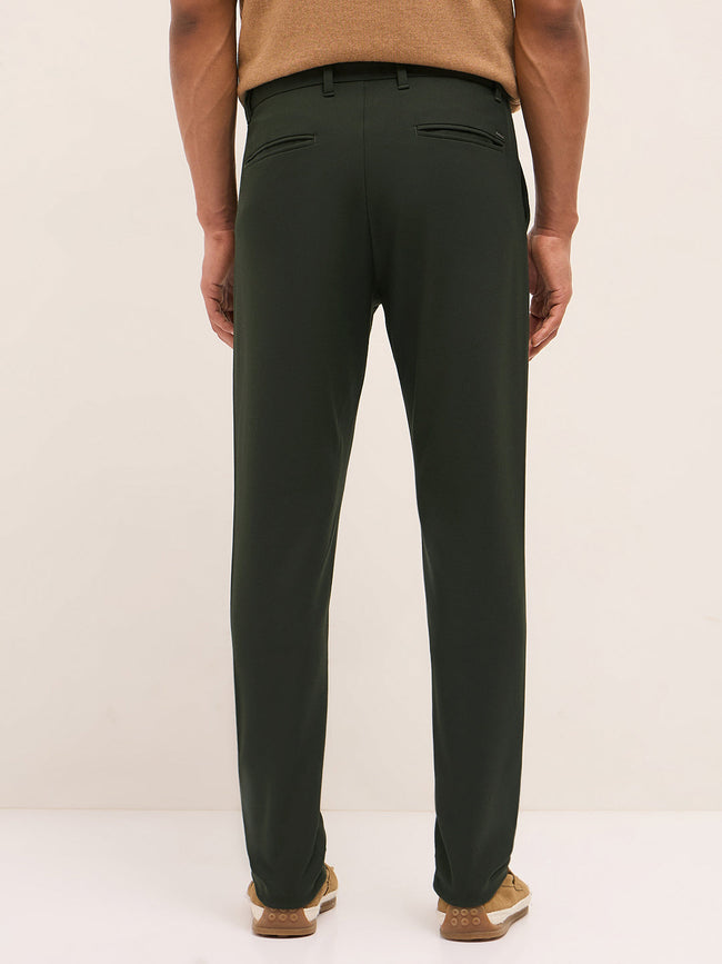 Men Olive Solid Polyester Blend Slim Fit Formal Trousers