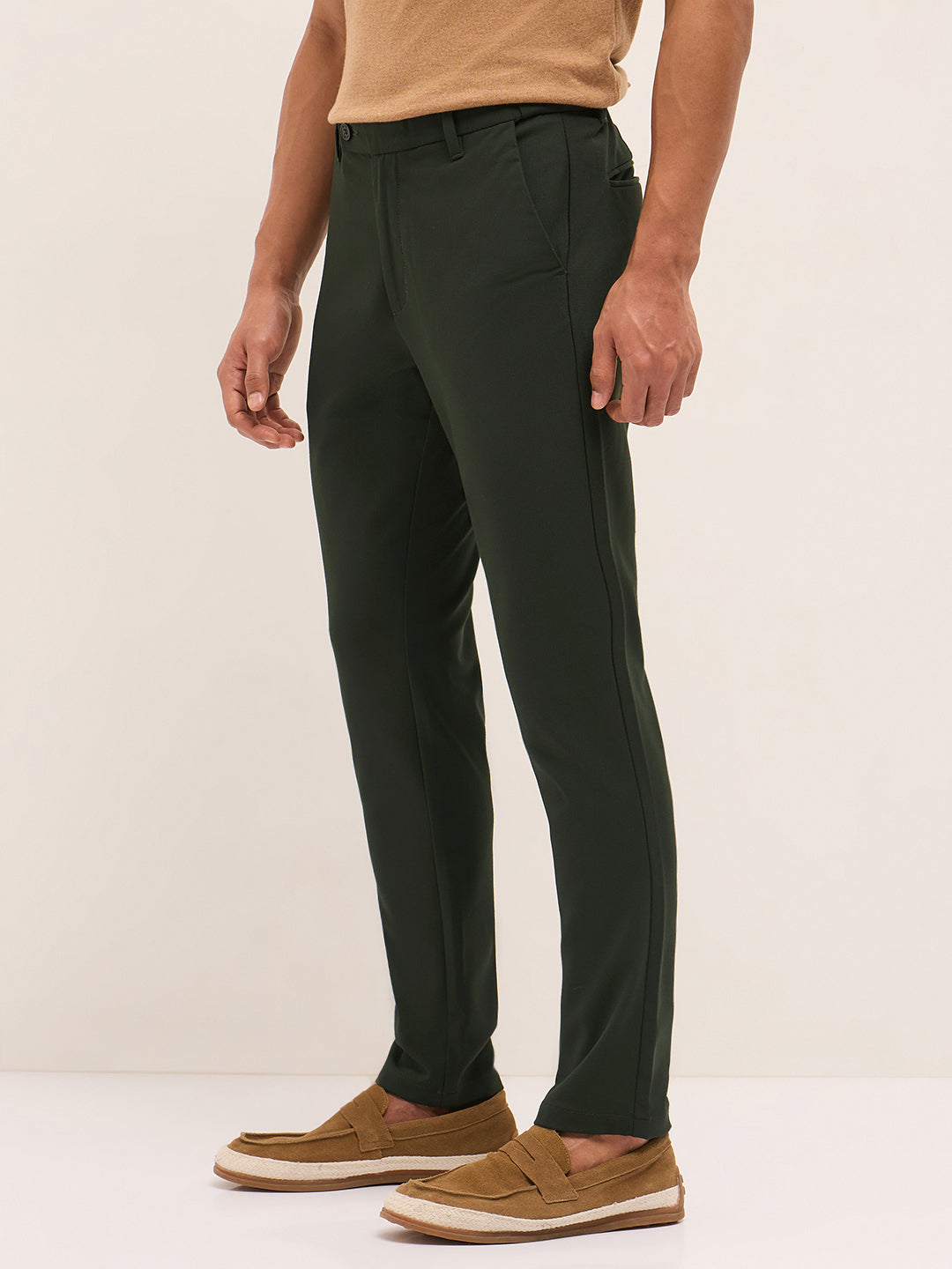 Men Olive Solid Polyester Blend Slim Fit Formal Trousers