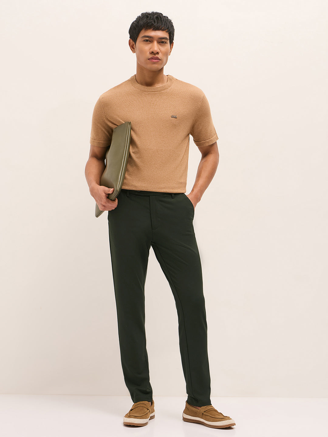 Men Olive Solid Polyester Blend Slim Fit Formal Trousers