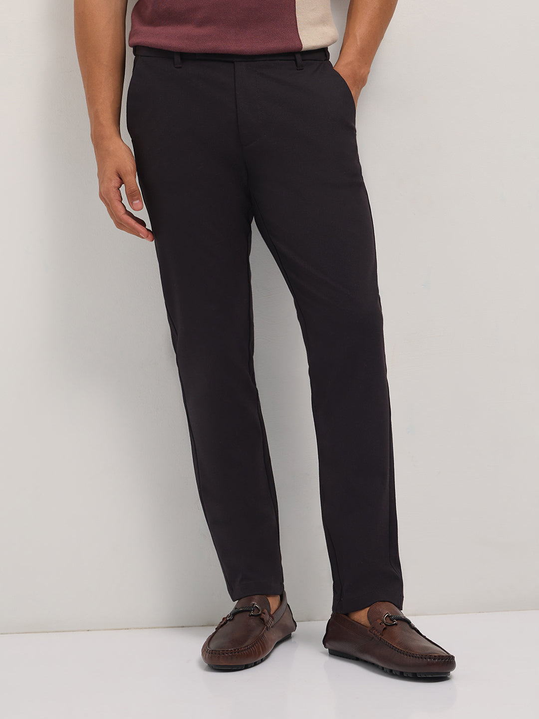Men Brown Solid Polyester Blend Slim Fit Formal Trousers