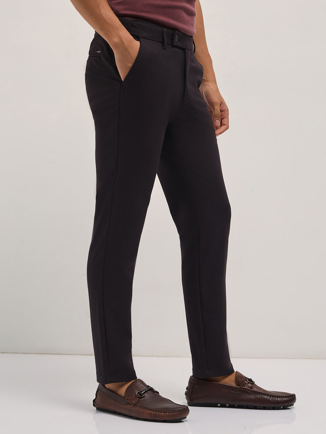 Men Brown Solid Polyester Blend Slim Fit Formal Trousers