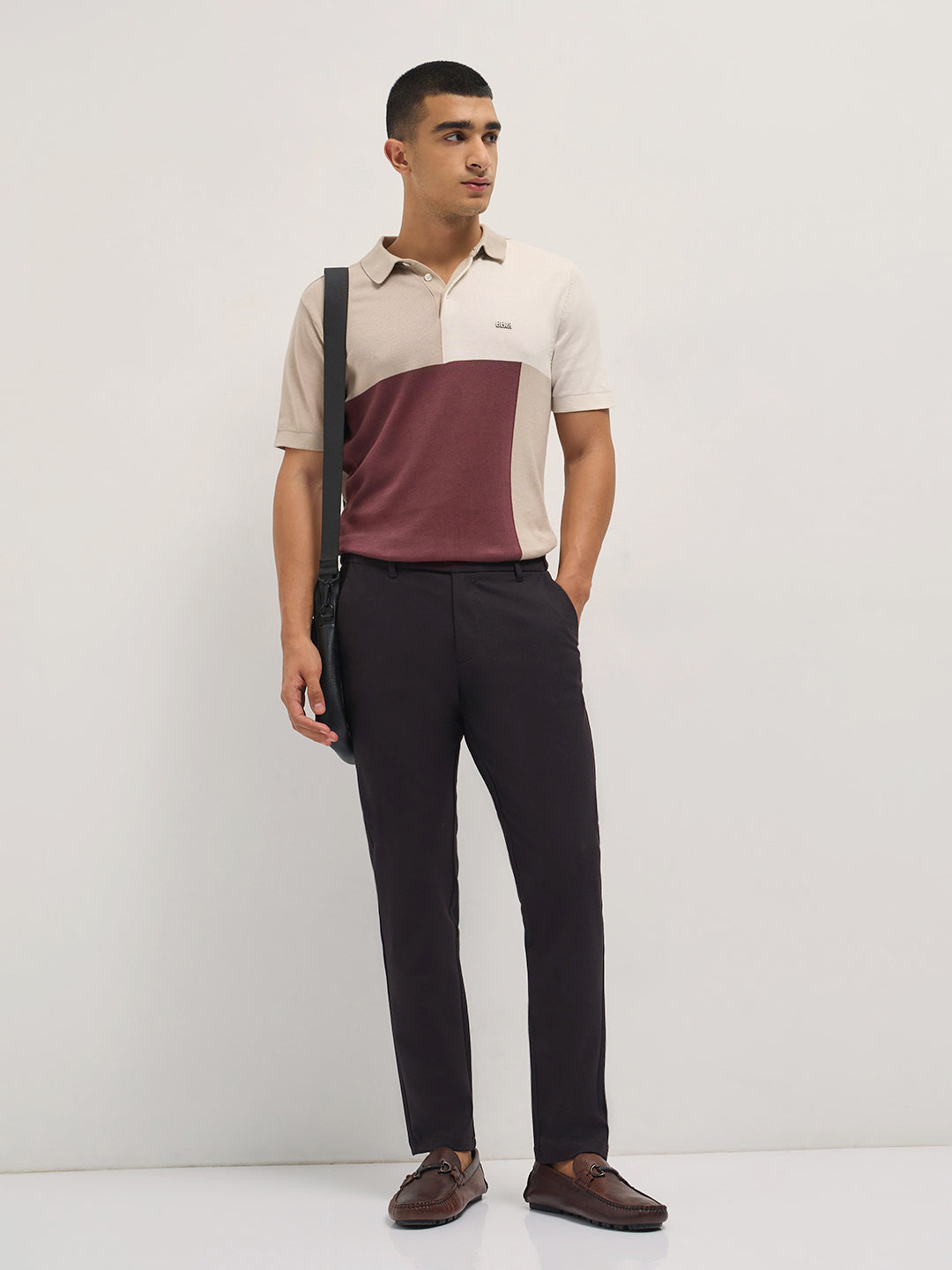 Men Brown Solid Polyester Blend Slim Fit Formal Trousers