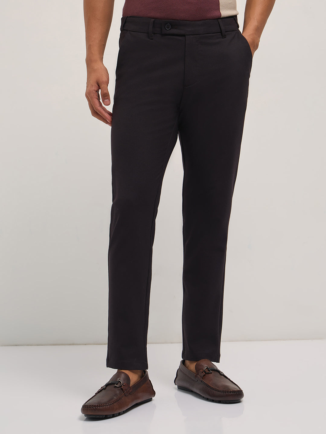 Men Brown Solid Polyester Blend Slim Fit Formal Trousers