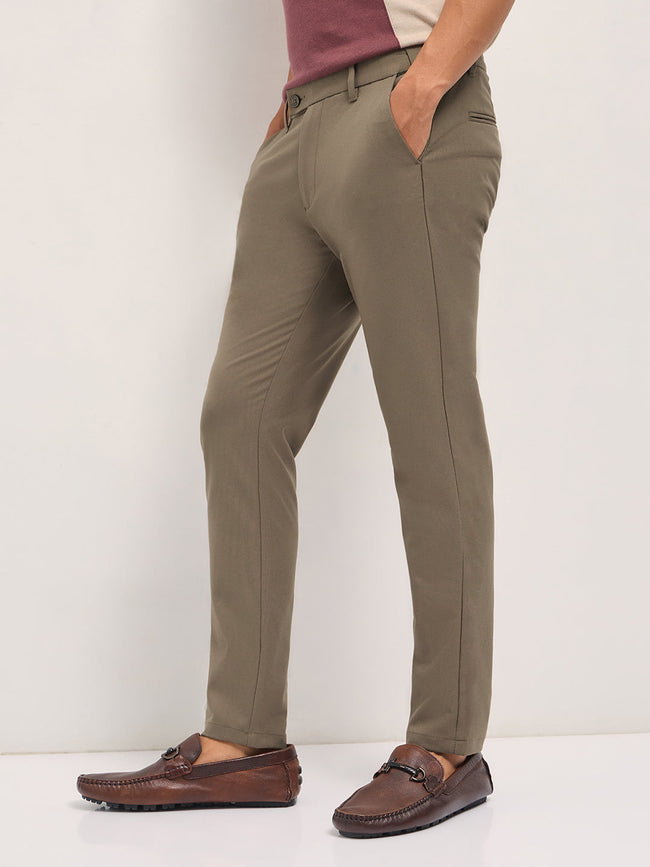 Men Brown Solid Polyester Blend Slim Fit Formal Trousers