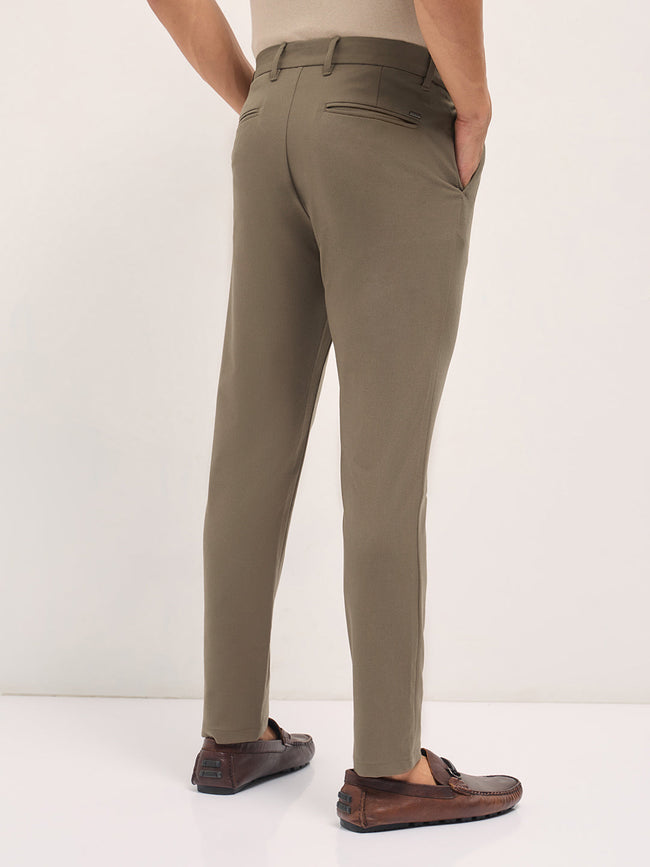 Men Brown Solid Polyester Blend Slim Fit Formal Trousers