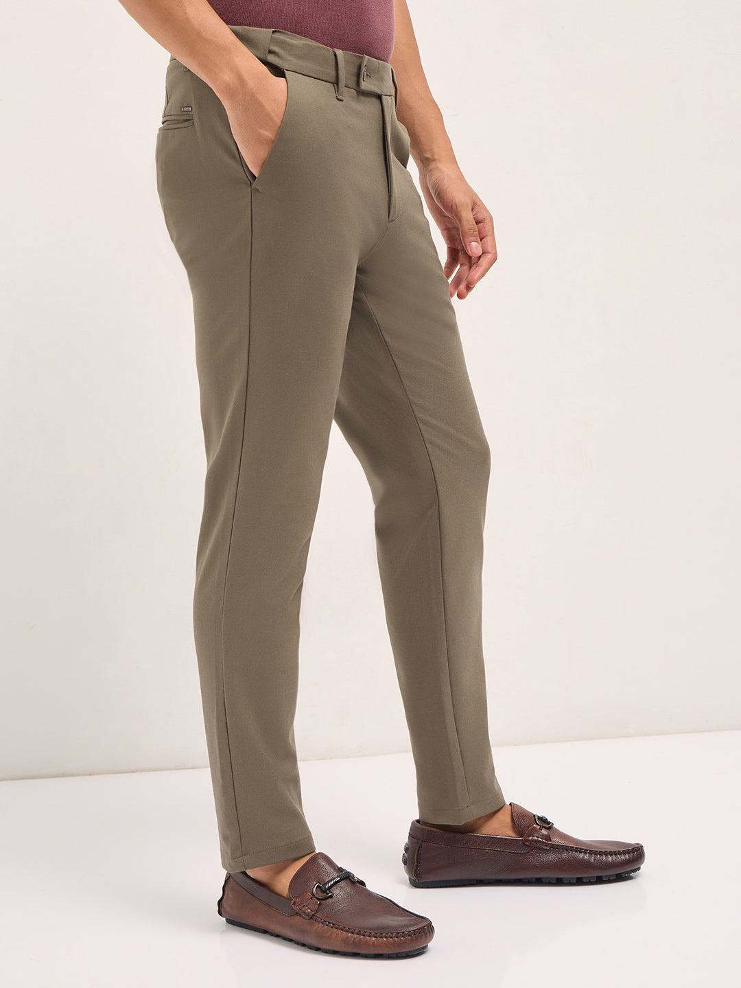 Men Brown Solid Polyester Blend Slim Fit Formal Trousers