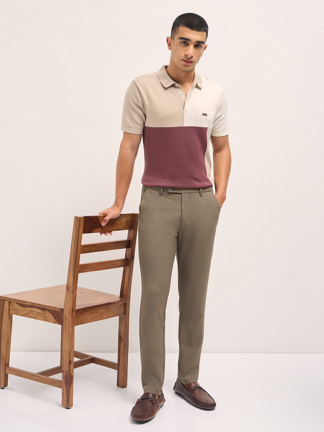 Men Brown Solid Polyester Blend Slim Fit Formal Trousers