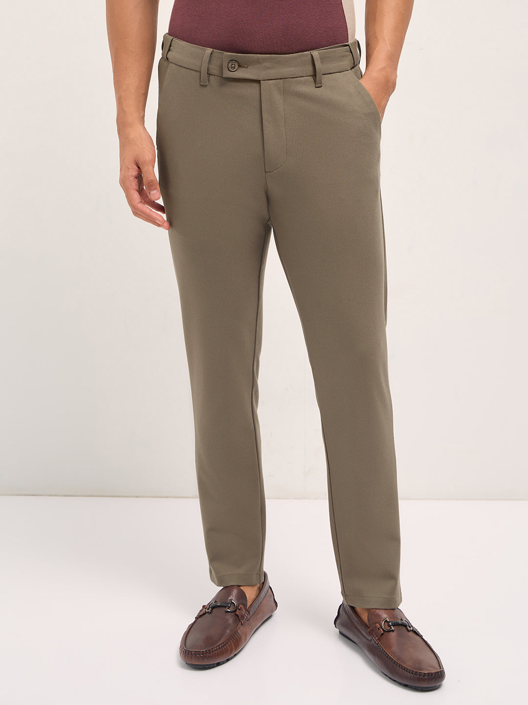 Men Brown Solid Polyester Blend Slim Fit Formal Trousers
