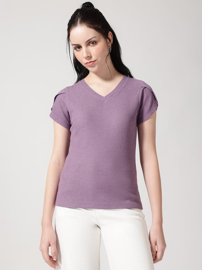 Women V-Neck Petal Sleeves Waffle T-Shirt