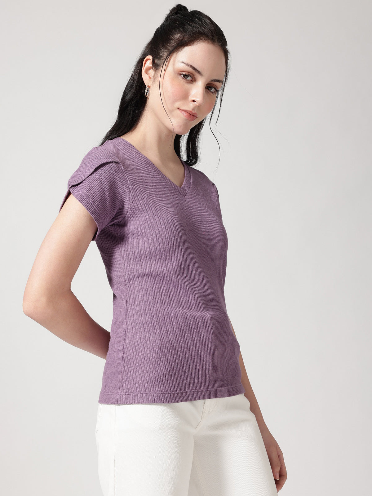 Women V-Neck Petal Sleeves Waffle T-Shirt