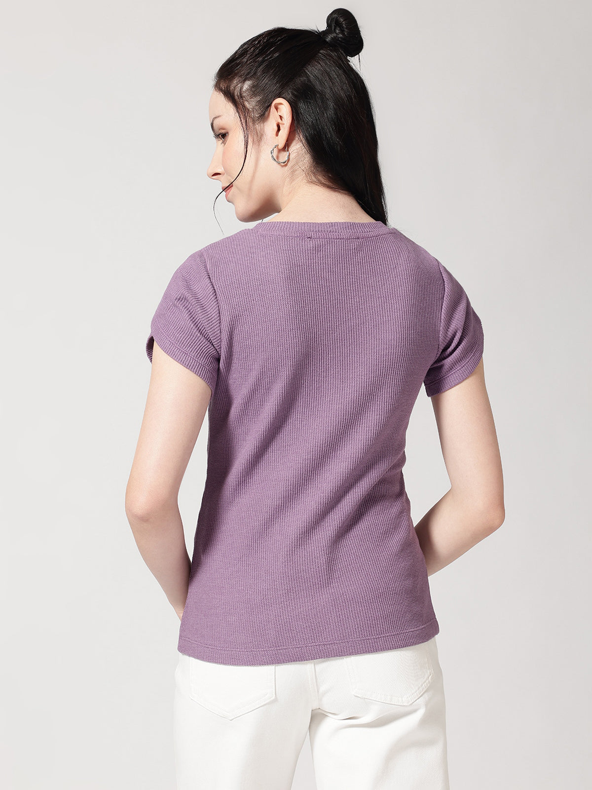 Women V-Neck Petal Sleeves Waffle T-Shirt