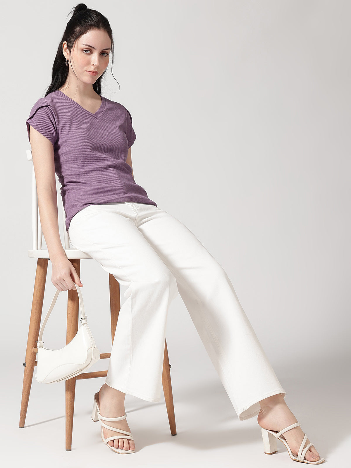 Women V-Neck Petal Sleeves Waffle T-Shirt