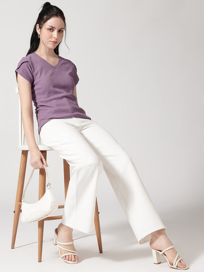 Women V-Neck Petal Sleeves Waffle T-Shirt