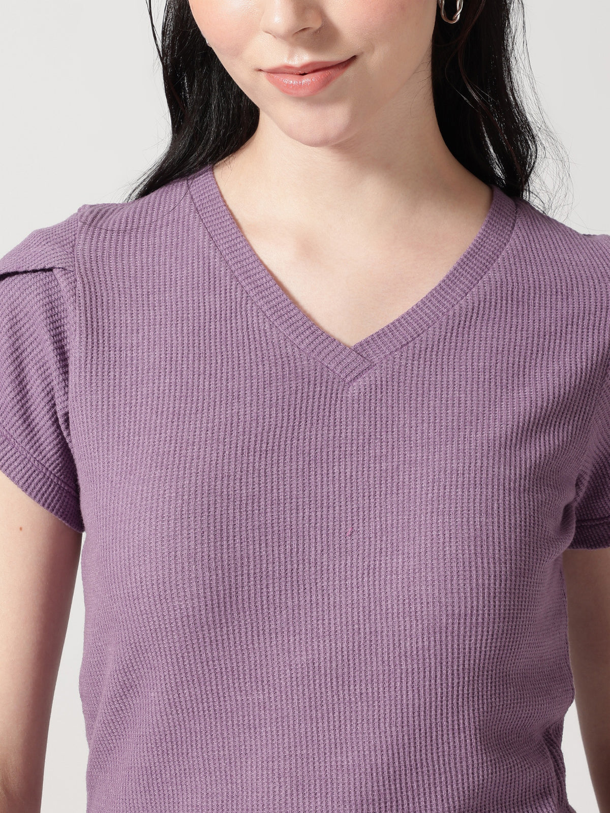 Women V-Neck Petal Sleeves Waffle T-Shirt