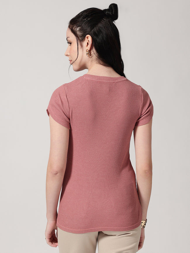 Women V-Neck Petal Sleeves Waffle T-Shirt