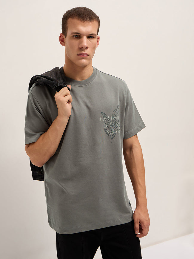 Men Grey Graphic Back Print Oversized Crew Neck T-Shirt