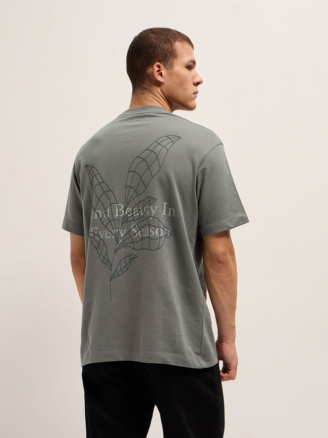 Men Grey Graphic Back Print Oversized Crew Neck T-Shirt