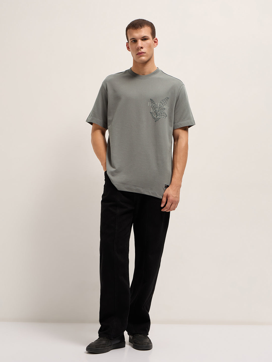 Men Grey Graphic Back Print Oversized Crew Neck T-Shirt