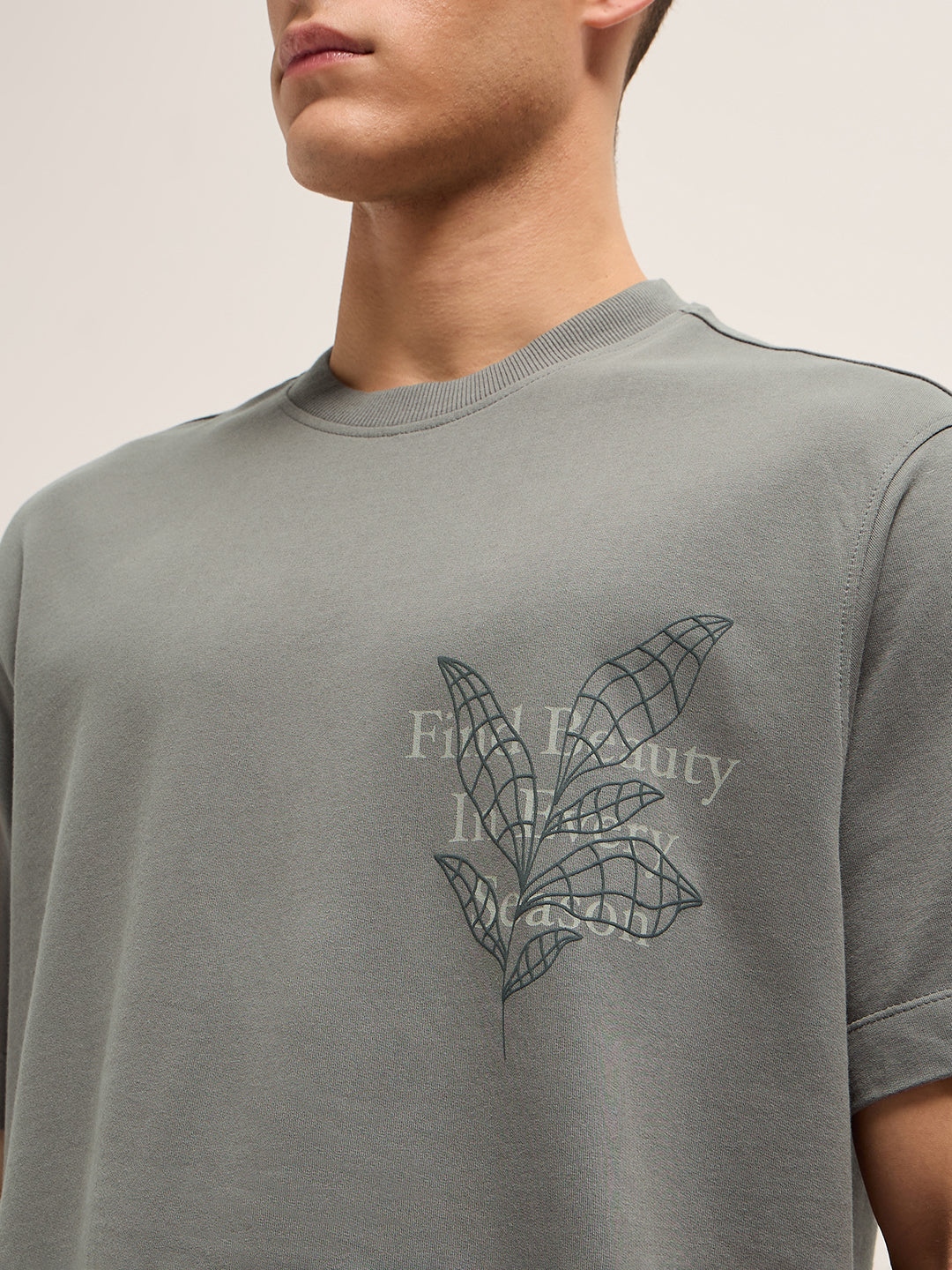 Men Grey Graphic Back Print Oversized Crew Neck T-Shirt